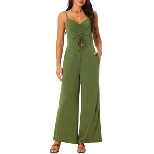 Ruched Drawstring Front Sleeveless Wide Leg Long Jumpsuits Army Green